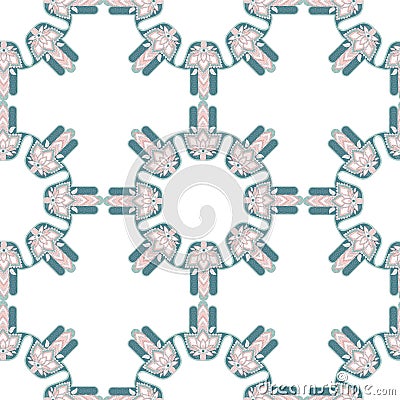 Stylized ornamental hamsa seamless pattern blue pink on white background design Vector Illustration